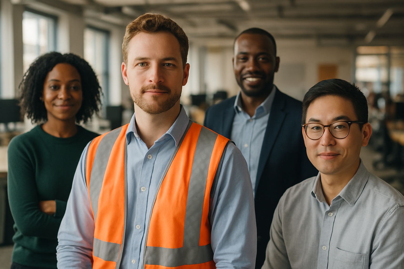British professionals in a modern office discussing Building services engineer UK