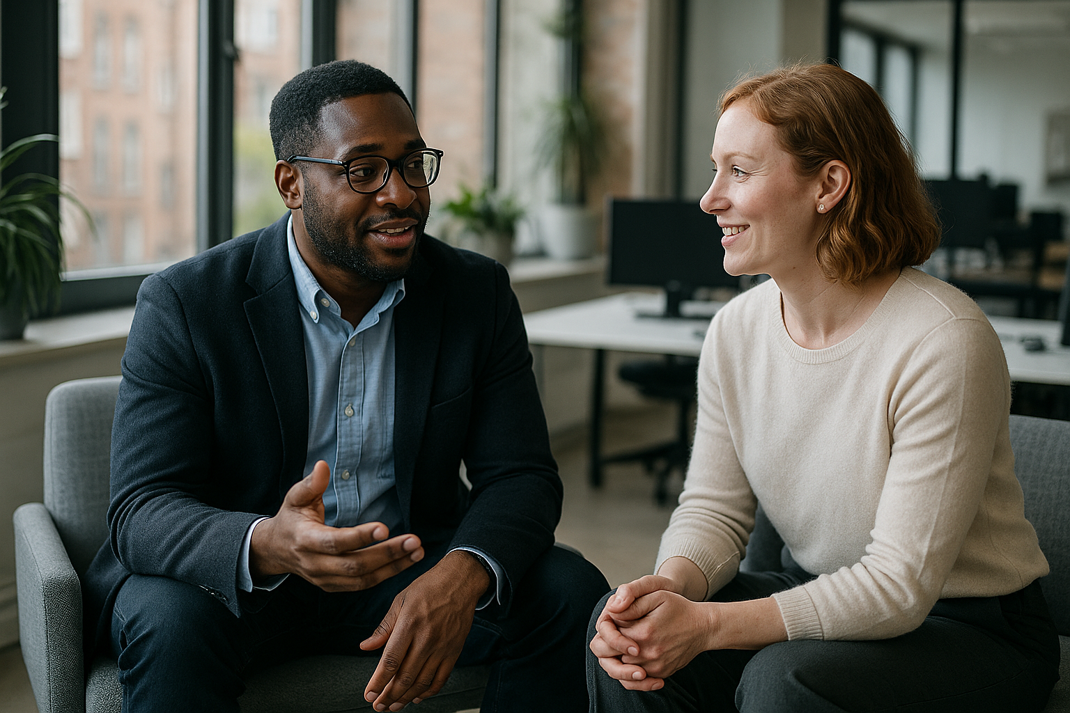 Two UK professionals discussing career next steps for conference centre manager UK
