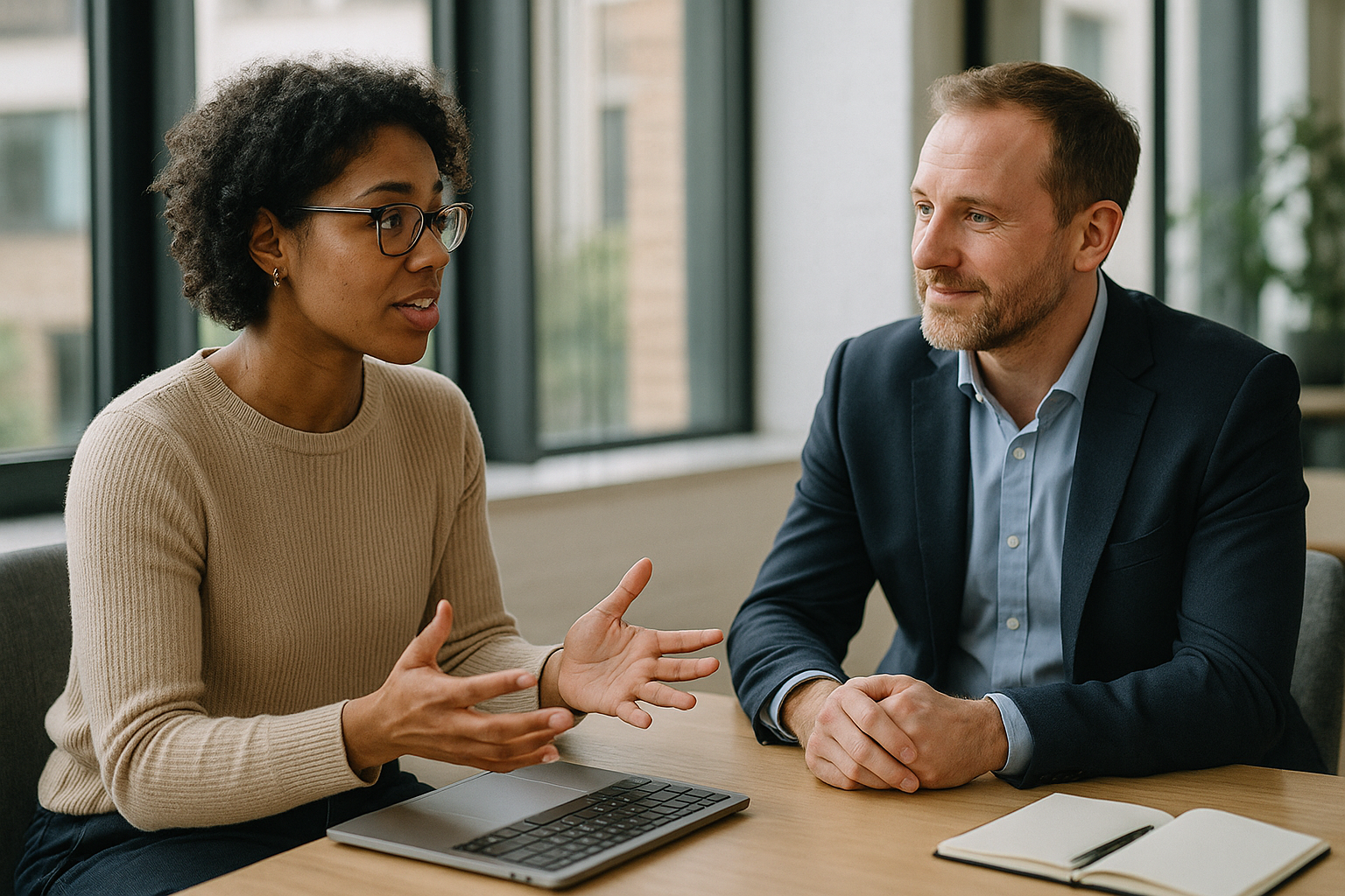 Two UK professionals discussing career next steps for Copywriter UK
