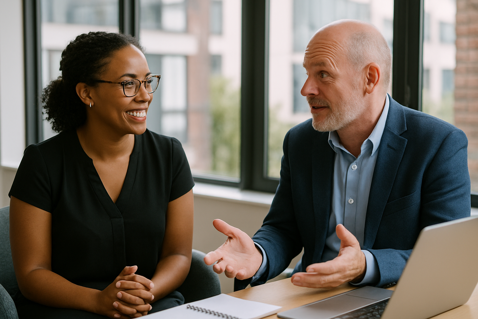 Two UK professionals discussing career next steps for Shipping Coordinator UK