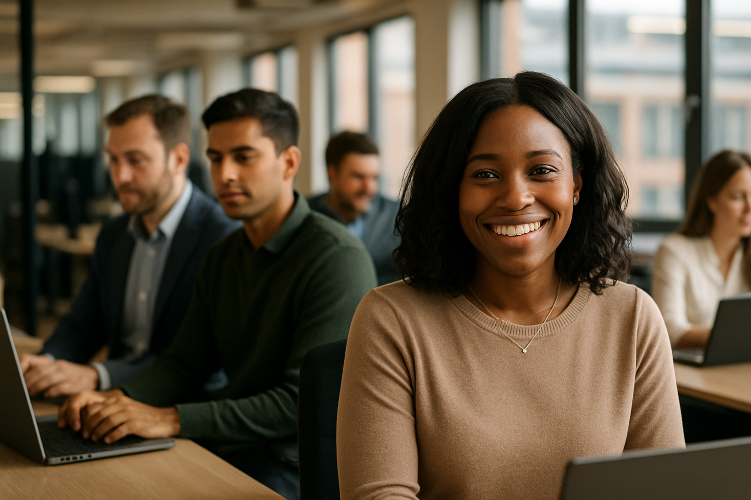 British professionals in a modern office discussing Talent acquisition specialist UK