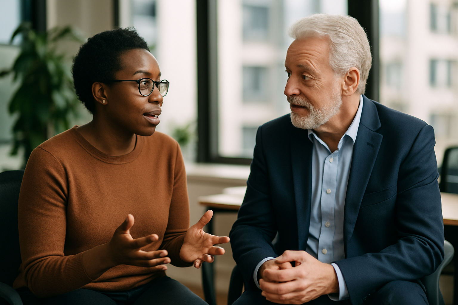 Two UK professionals discussing career next steps for Talent acquisition specialist UK