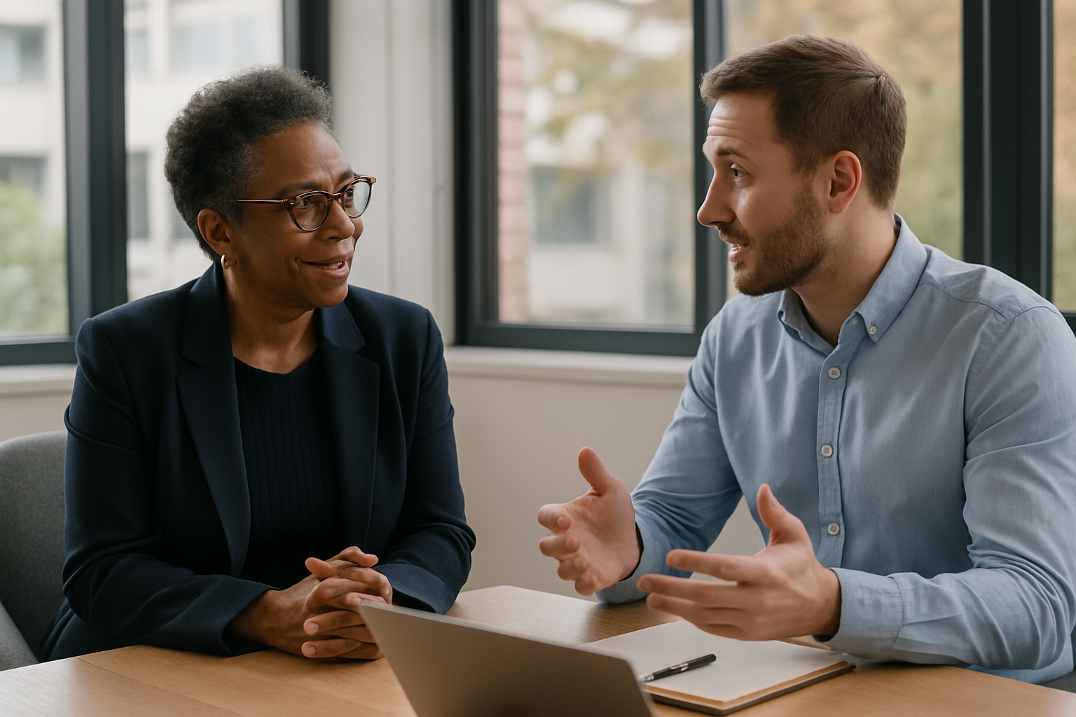 Two UK professionals discussing career next steps for transport planner UK
