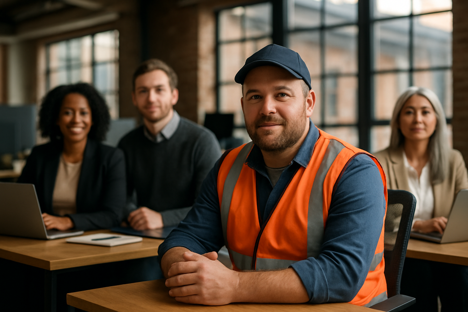 British professionals in a modern office discussing bricklayer UK