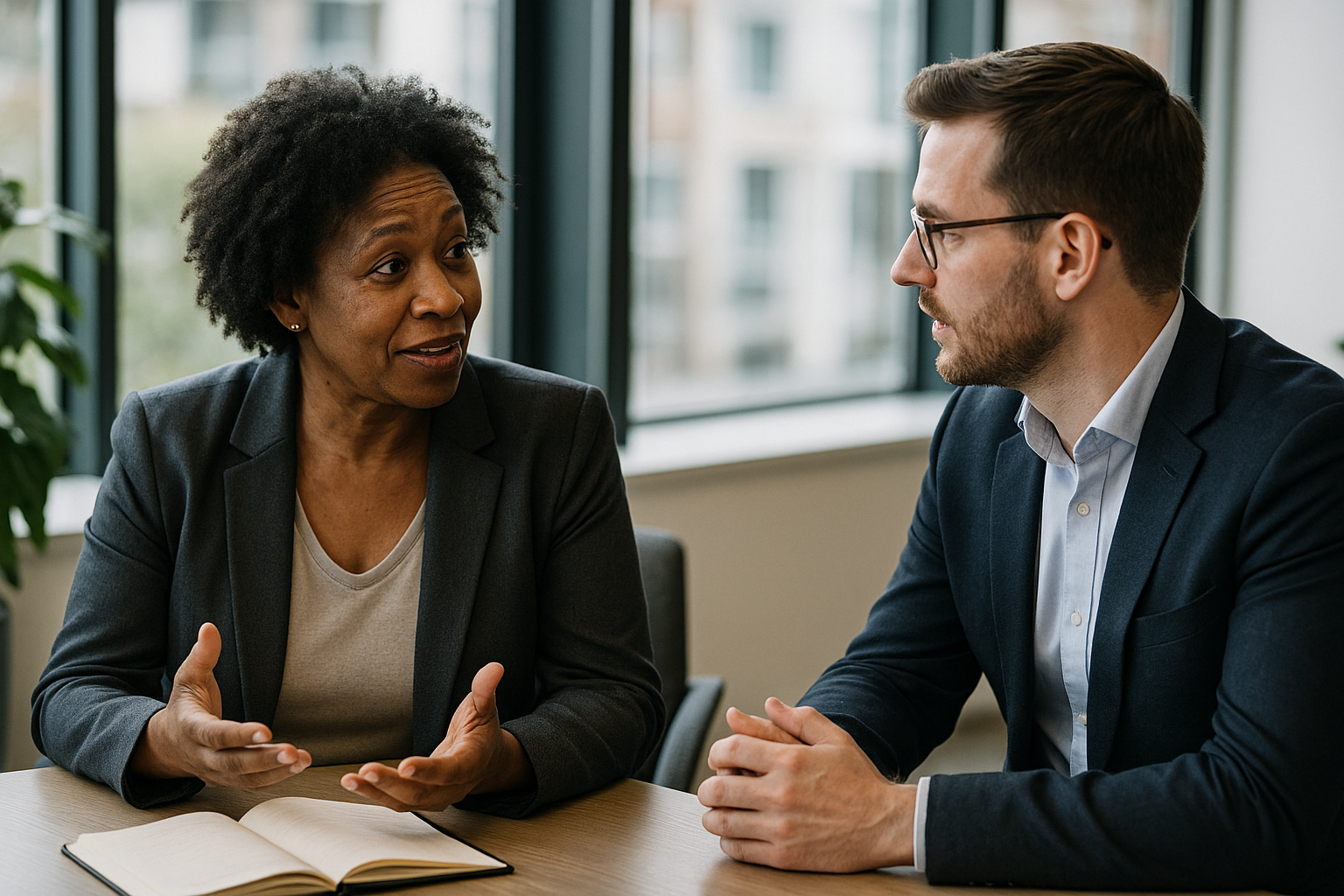 Two UK professionals discussing career next steps for bricklayer UK