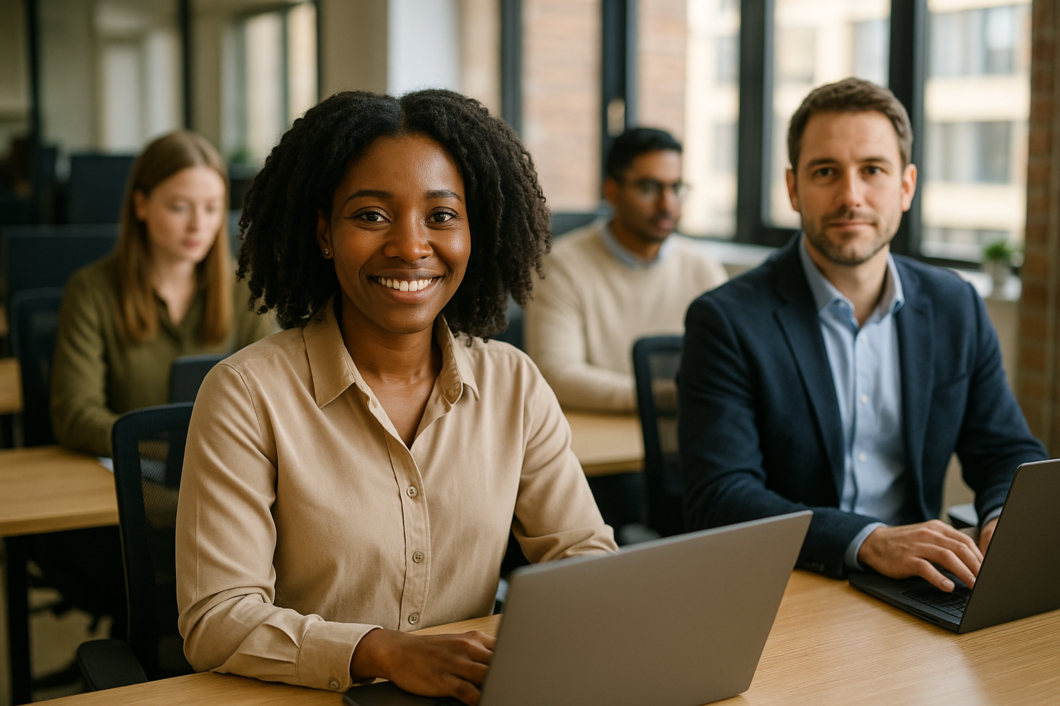 British professionals in a modern office discussing Conveyancer UK