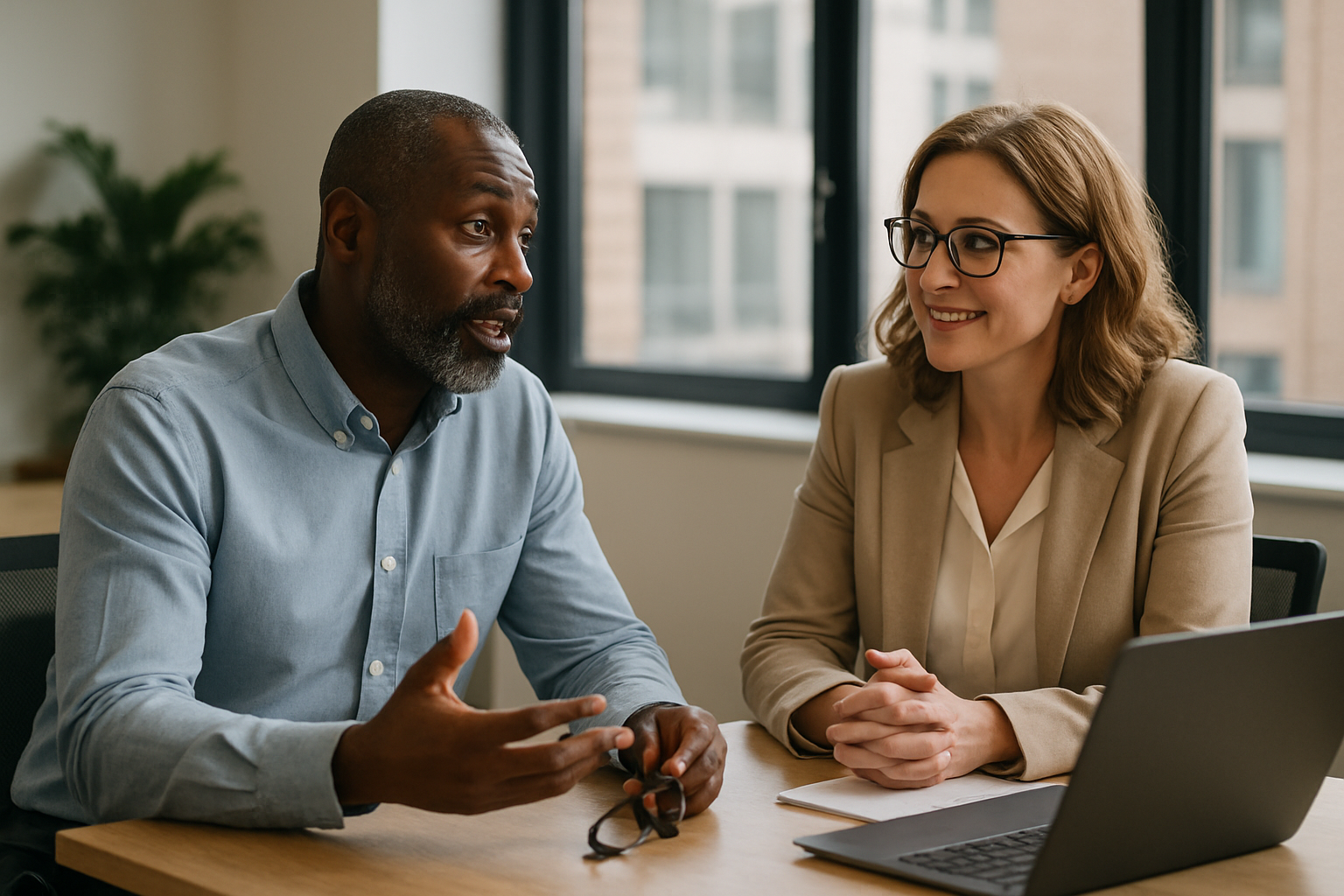 Two UK professionals discussing career next steps for Conveyancer UK