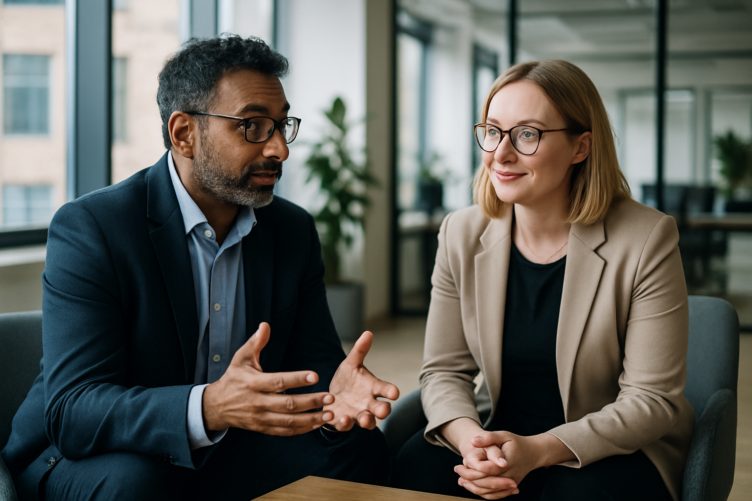 Two UK professionals discussing career next steps for film director UK