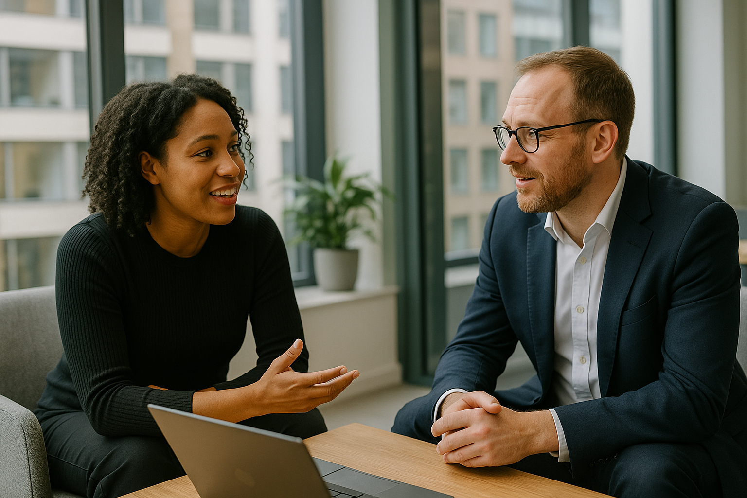 Two UK professionals discussing career next steps for journalist UK