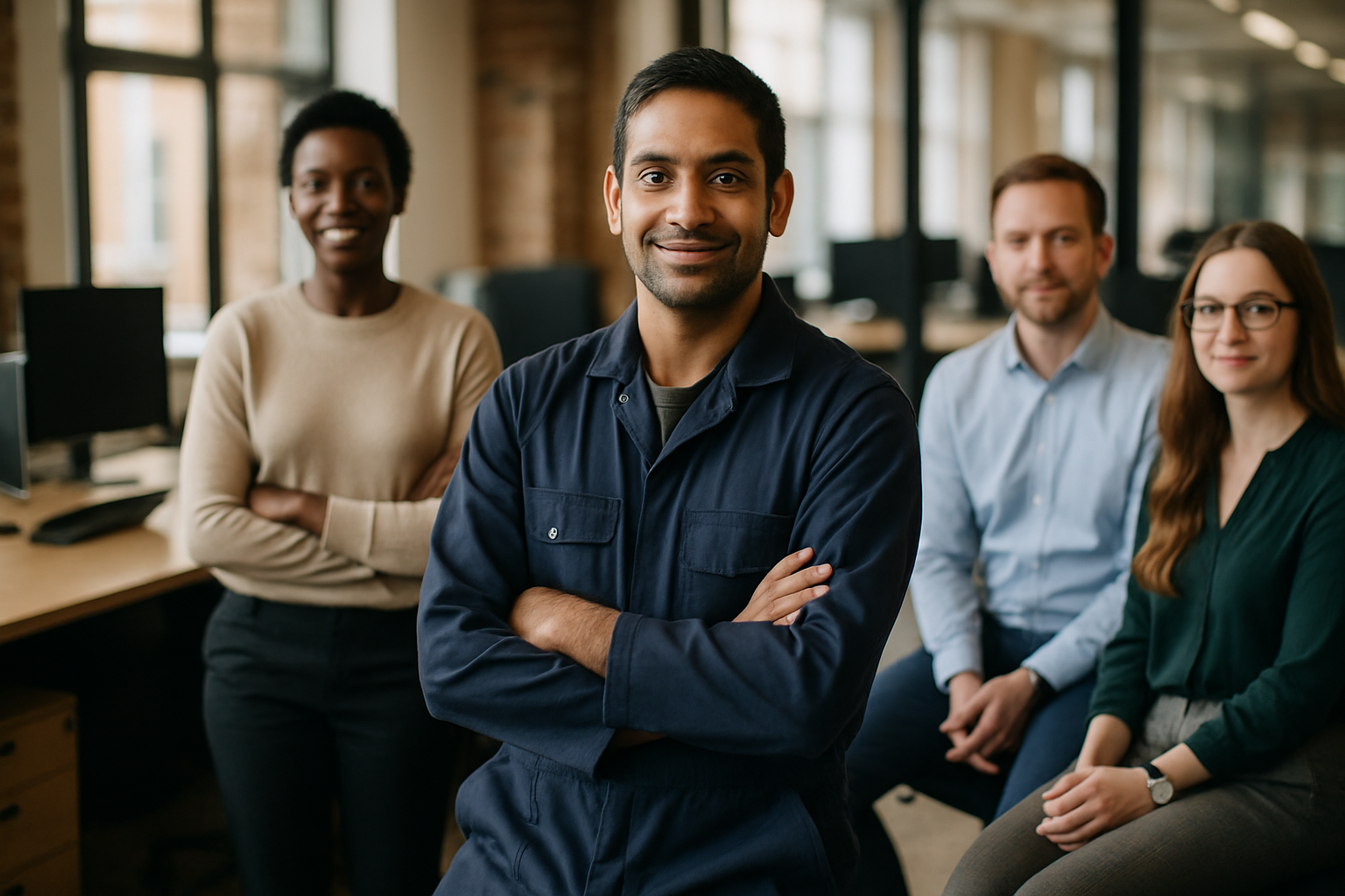 British professionals in a modern office discussing mechanic