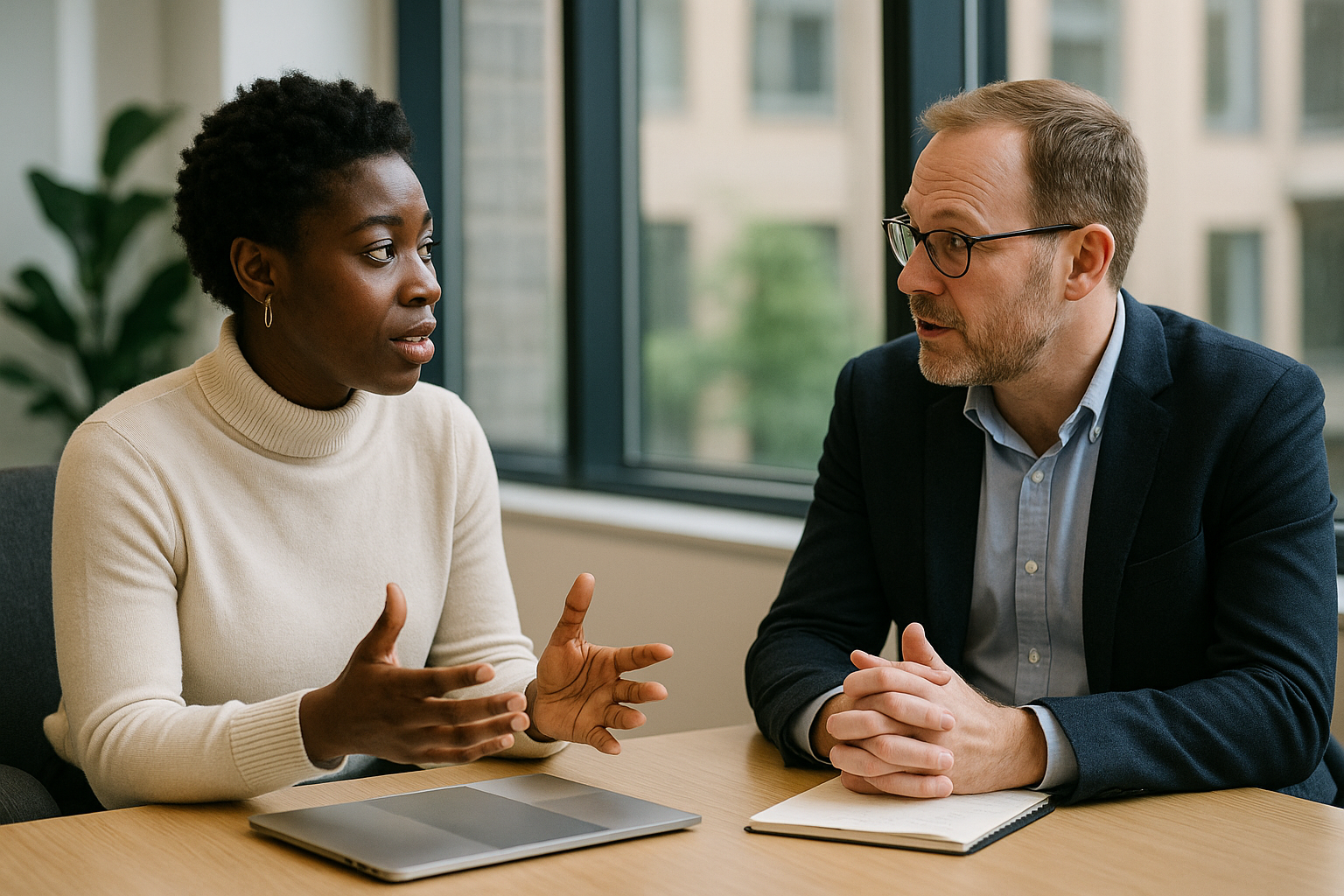 Two UK professionals discussing career next steps for mechanic