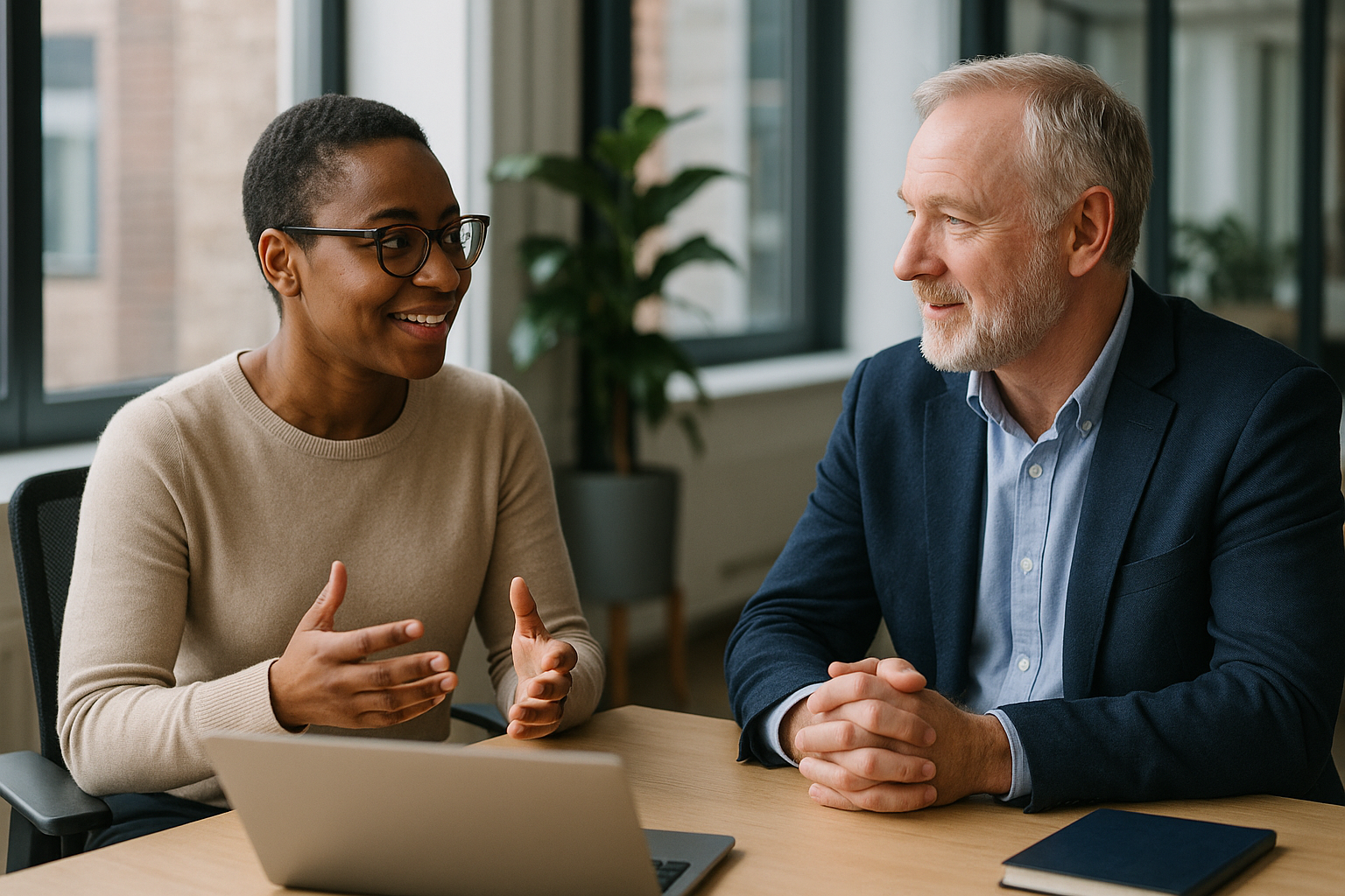 Two UK professionals discussing career next steps for Nutritionist UK