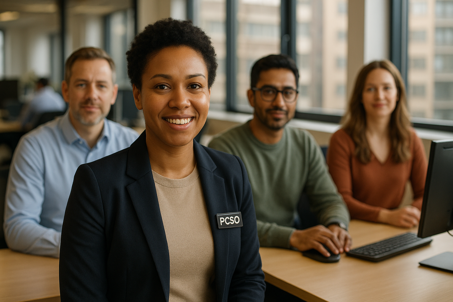 British professionals in a modern office discussing PCSO UK