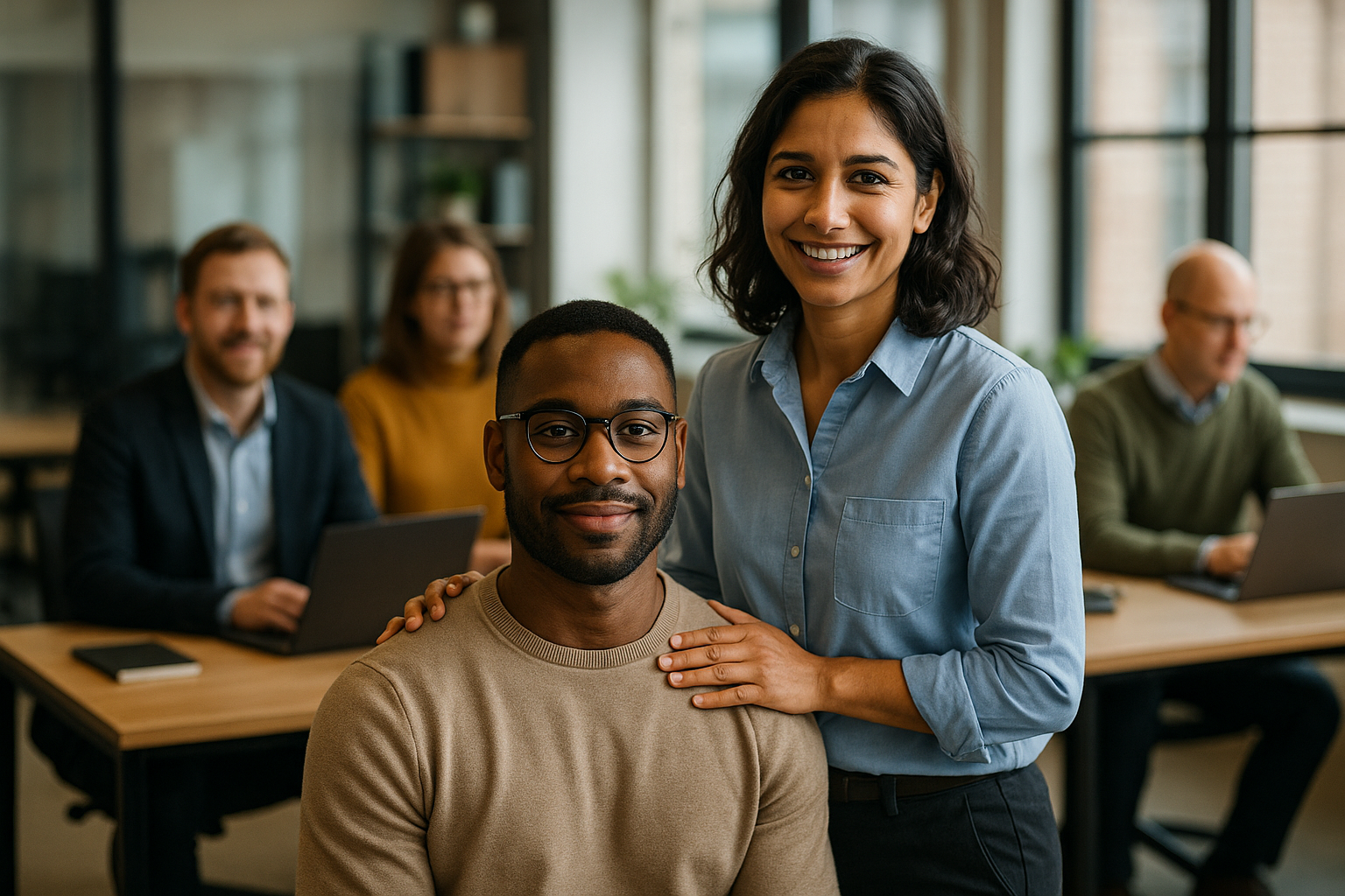 British professionals in a modern office discussing physiotherapist UK