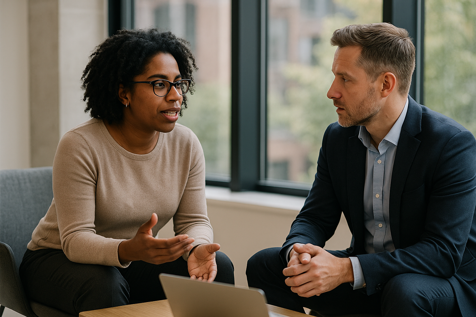 Two UK professionals discussing career next steps for physiotherapist UK