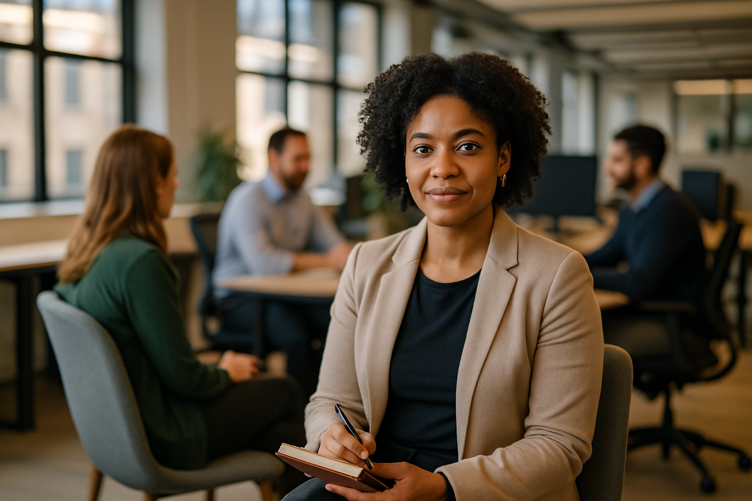 British professionals in a modern office discussing psychotherapist UK
