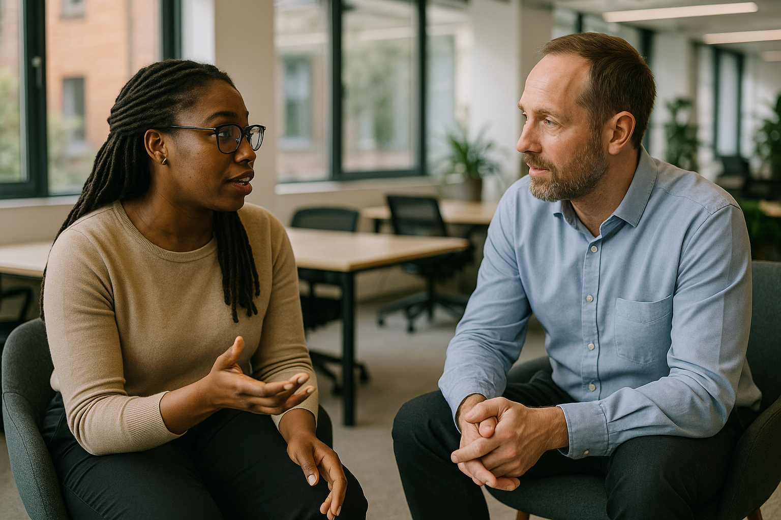 Two UK professionals discussing career next steps for psychotherapist UK