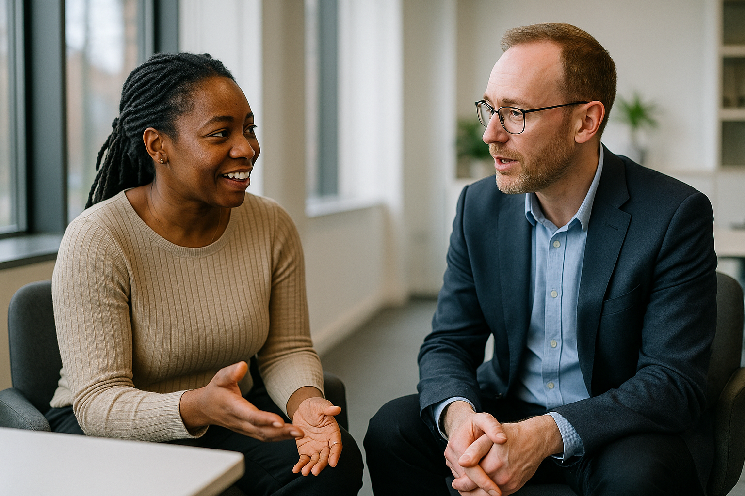 Two UK professionals discussing career next steps for quantity surveyor