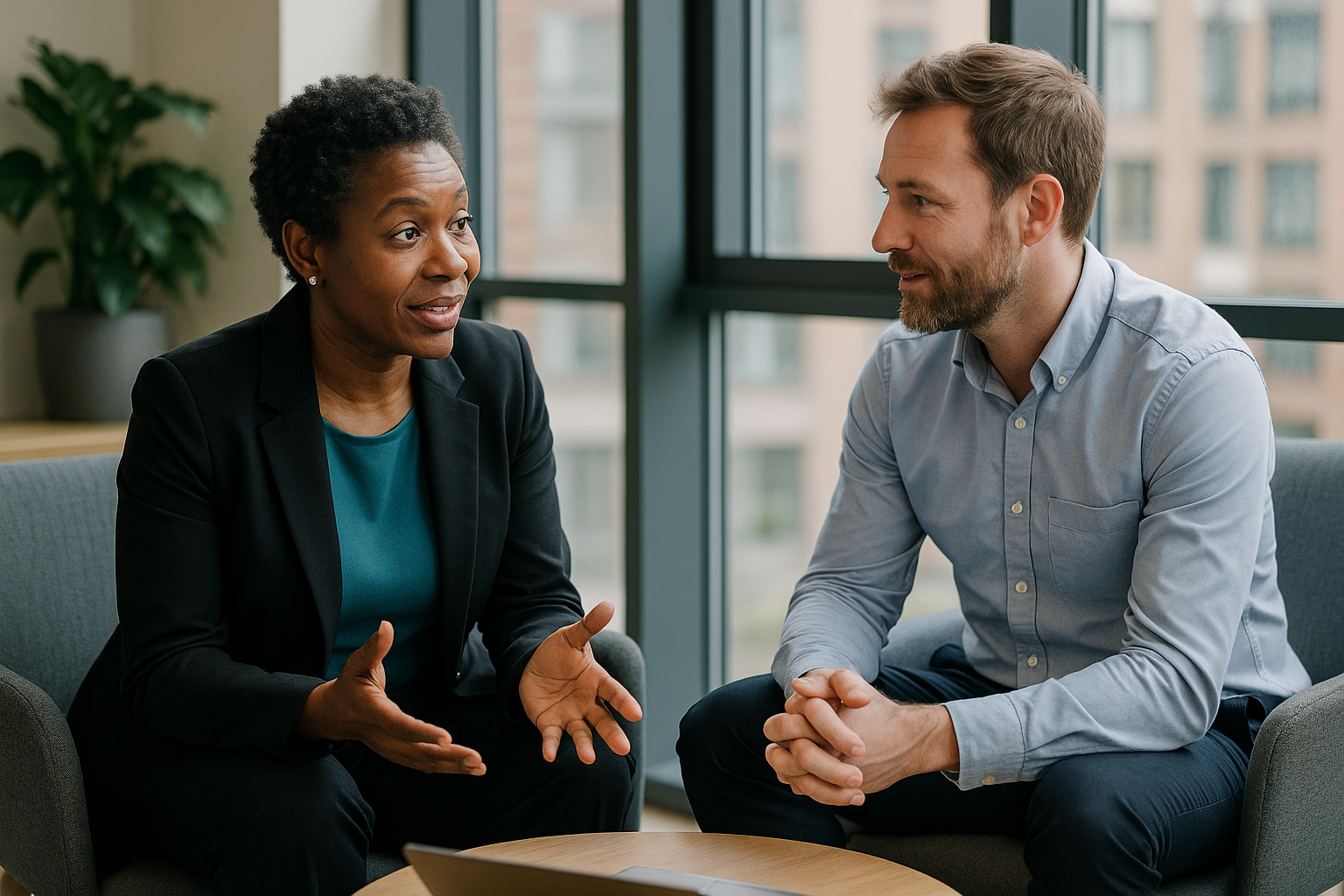 Two UK professionals discussing career next steps for Roofer UK