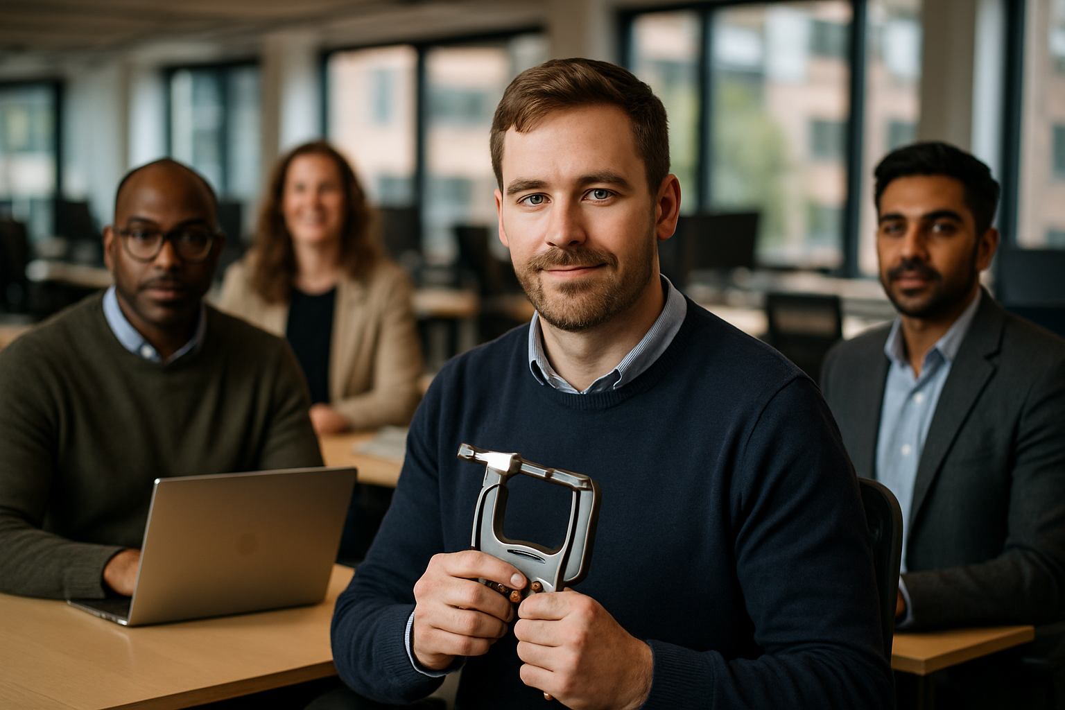 British professionals in a modern office discussing toolmaker UK