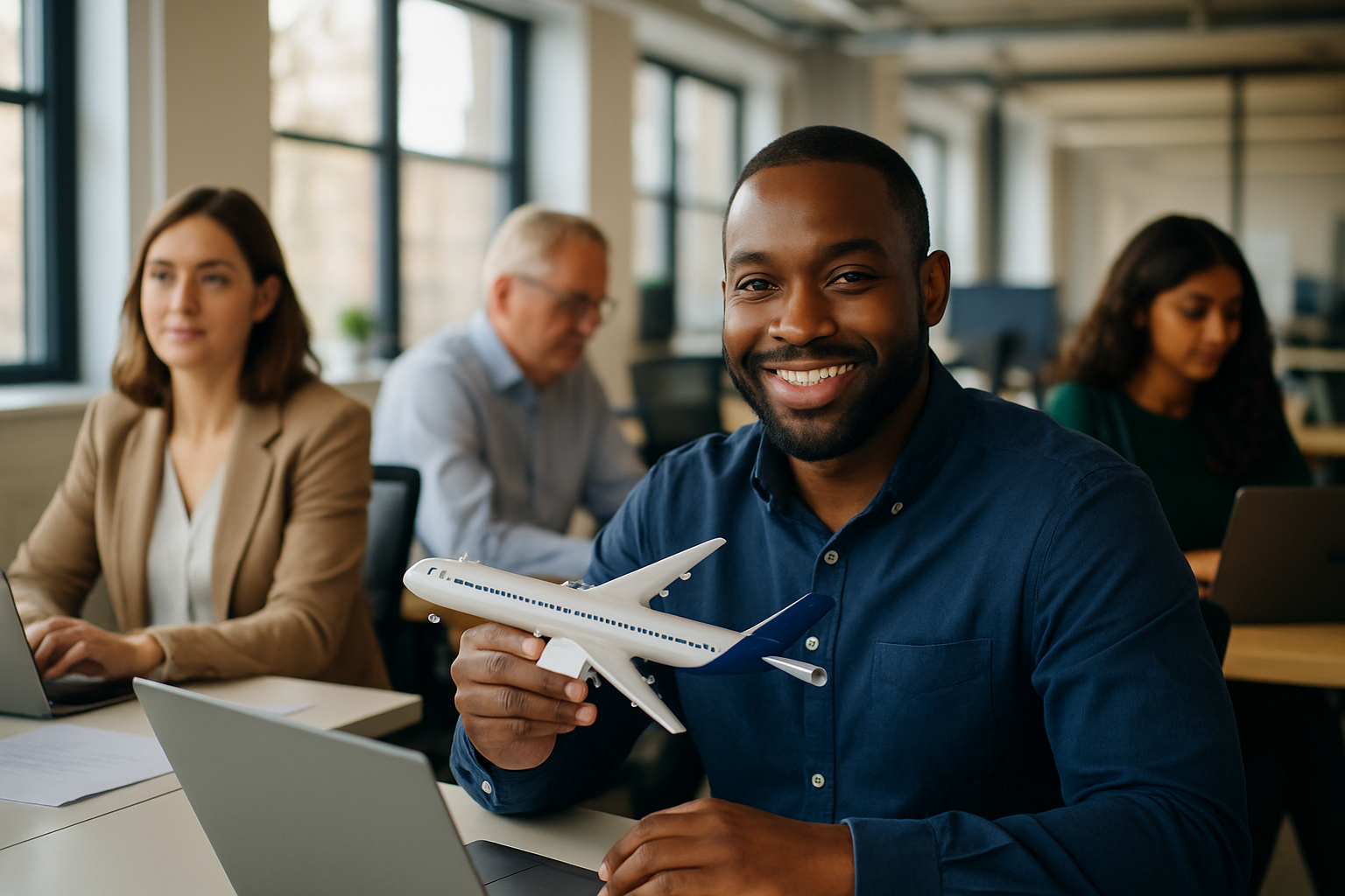 British professionals in a modern office discussing air freight operator UK