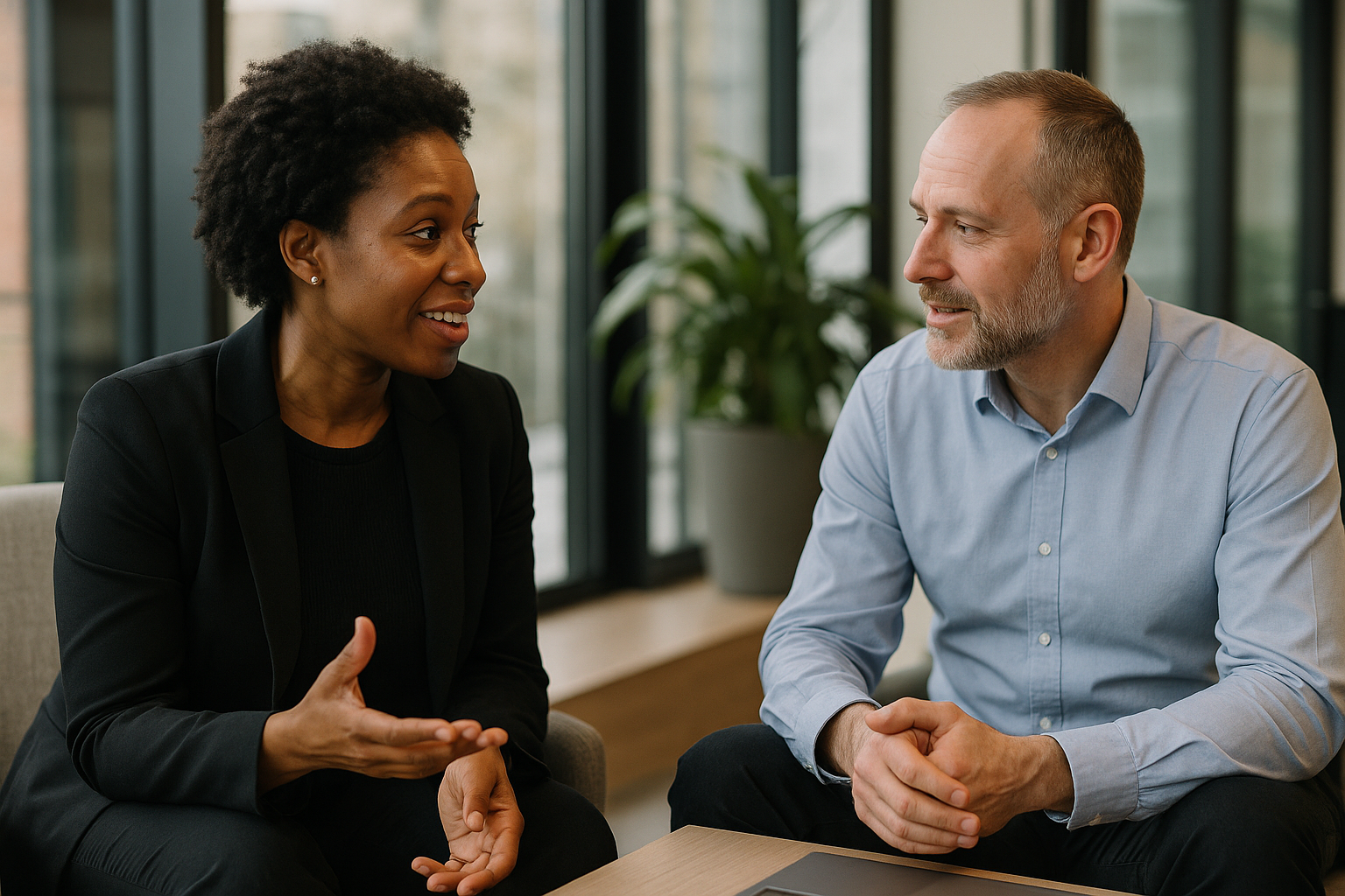 Two UK professionals discussing career next steps for art director UK