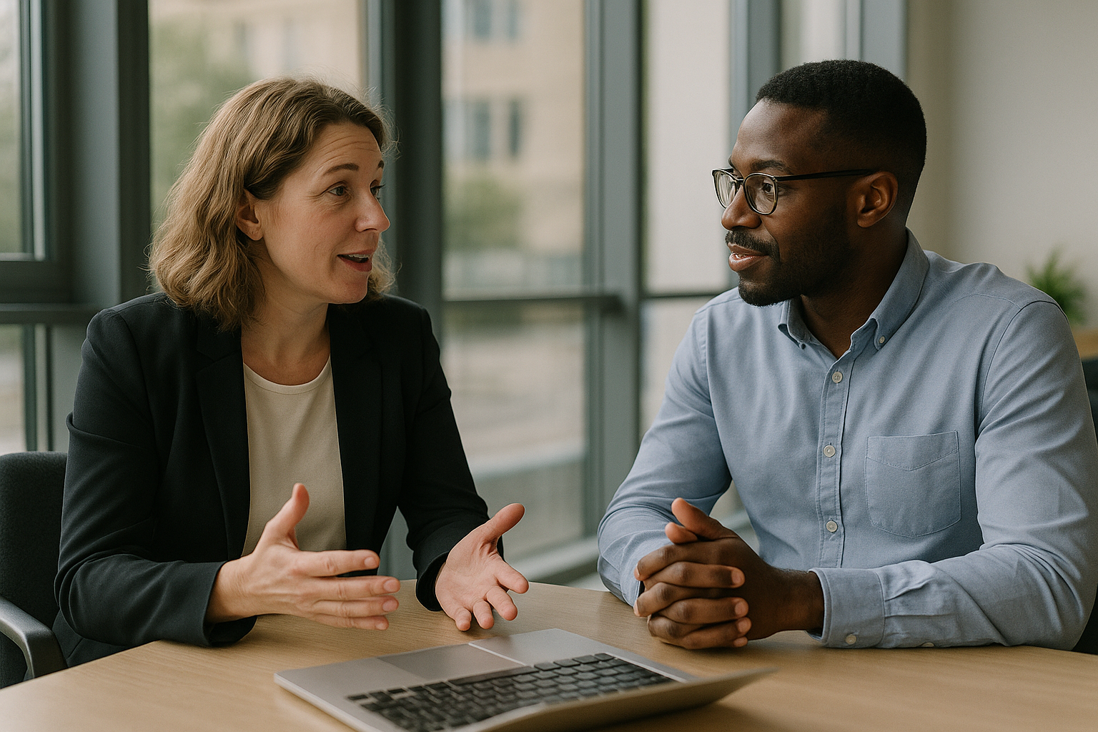 Two UK professionals discussing career next steps for Auditor UK