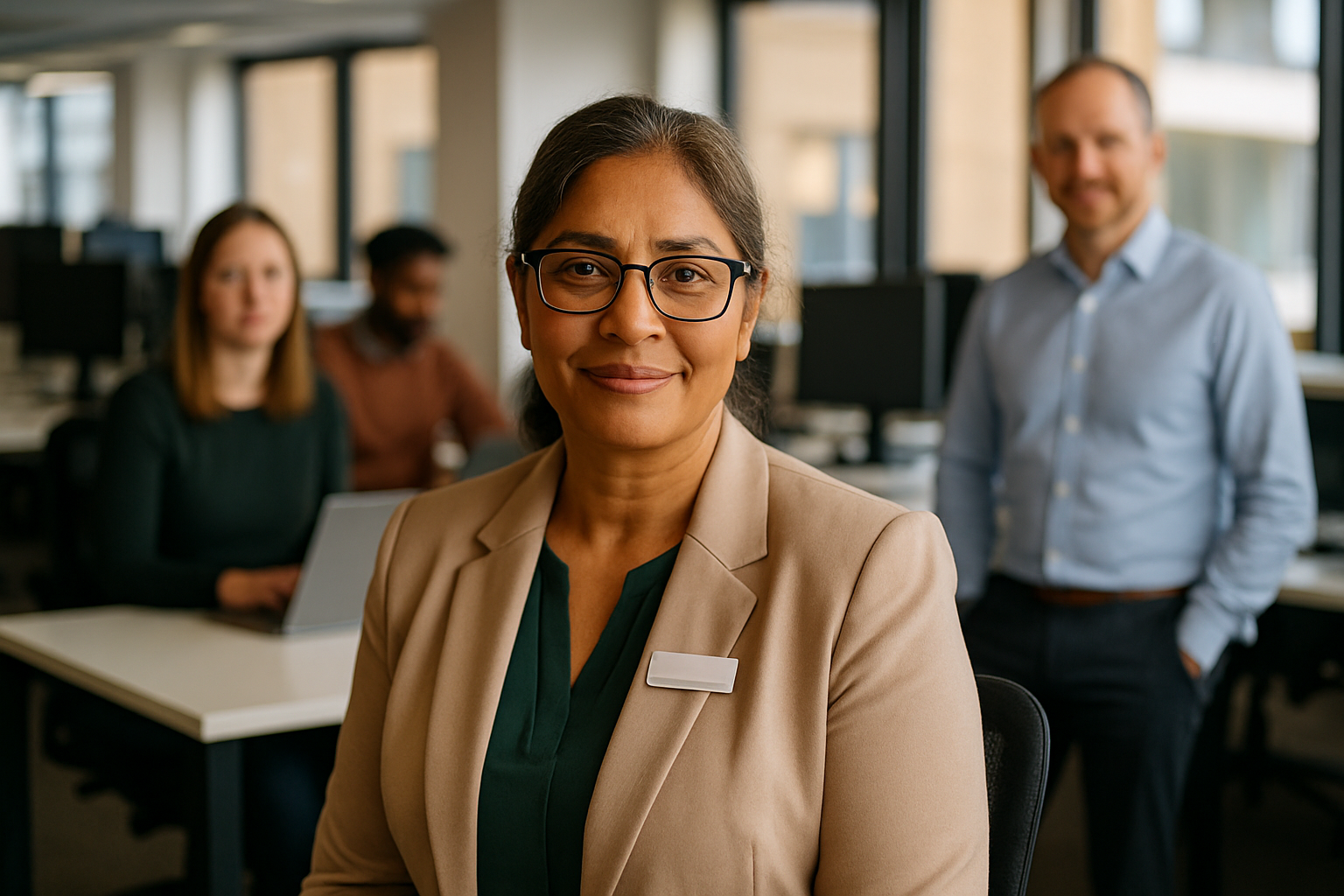 British professionals in a modern office discussing Care home manager UK