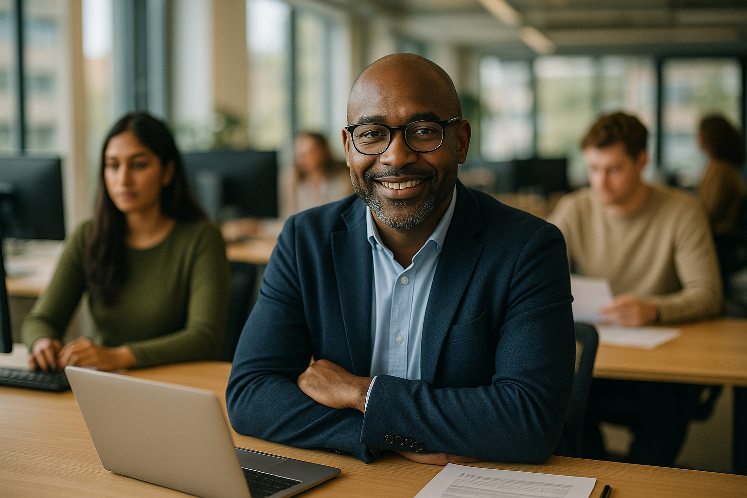 British professionals in a modern office discussing Chief Financial Officer UK