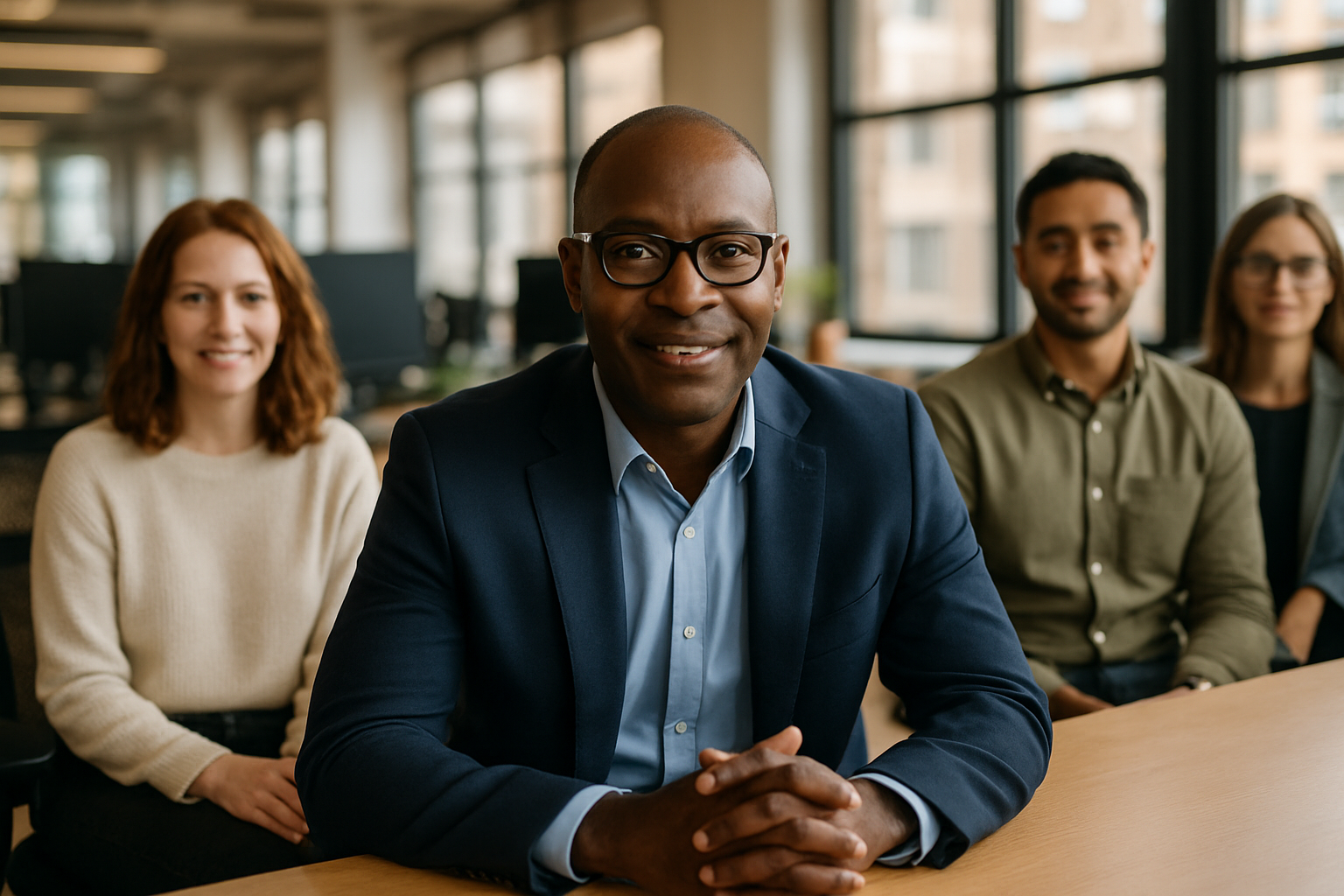British professionals in a modern office discussing Chief Financial Officer UK