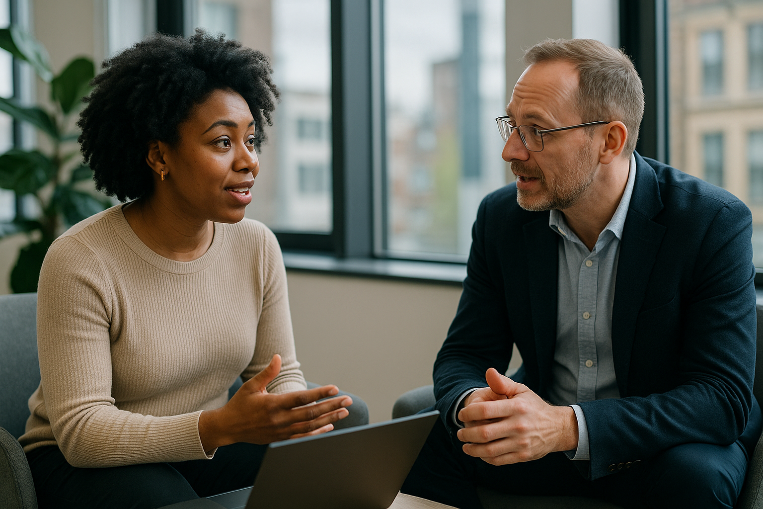 Two UK professionals discussing career next steps for Chief Financial Officer UK
