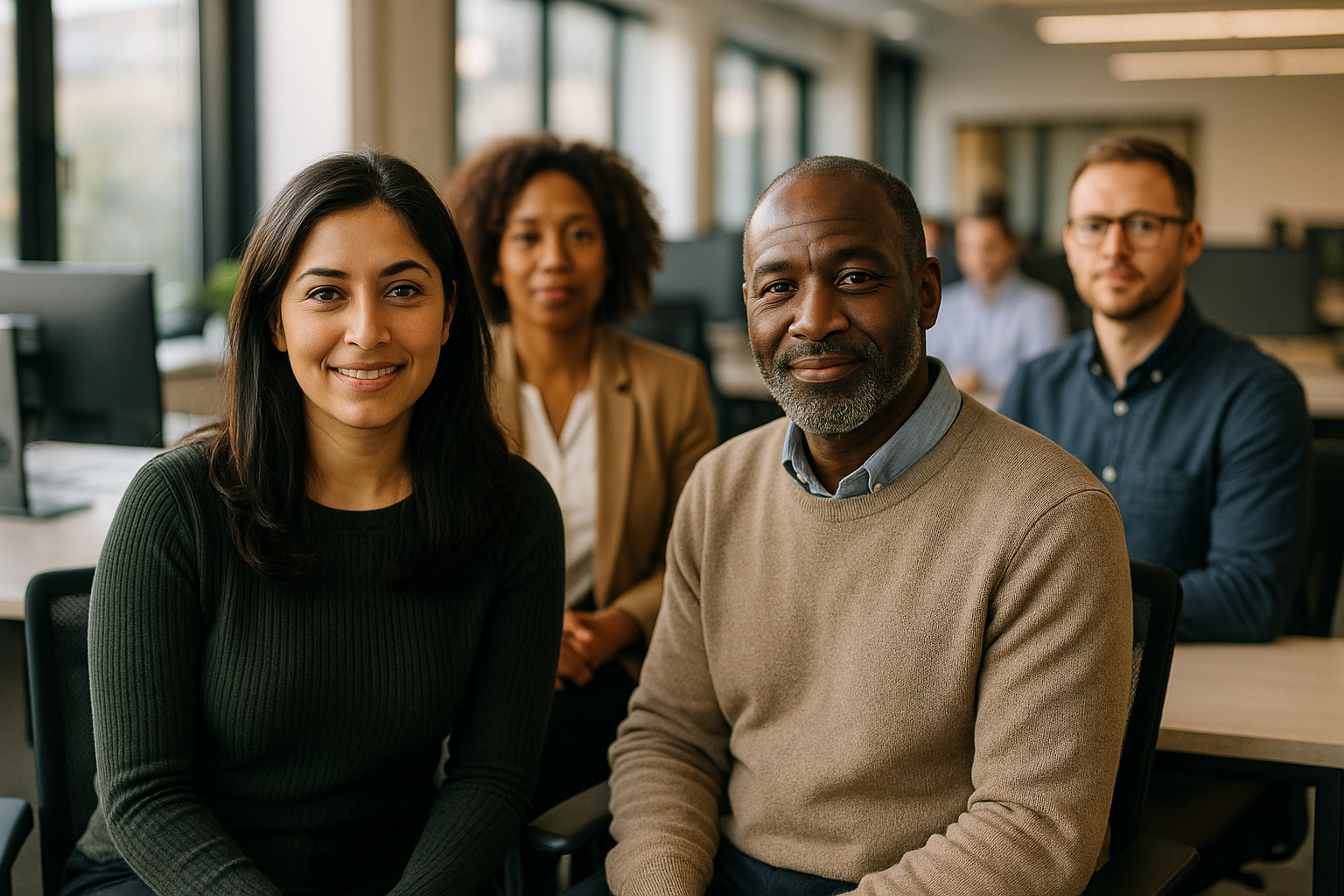 British professionals in a modern office discussing Counsellor UK