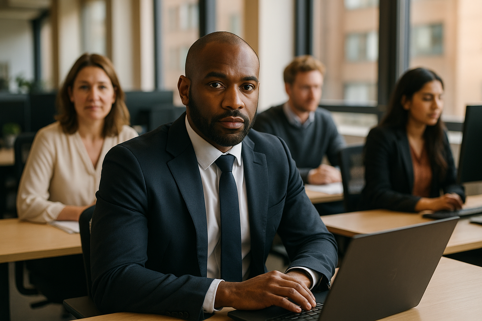 British professionals in a modern office discussing criminal lawyer UK