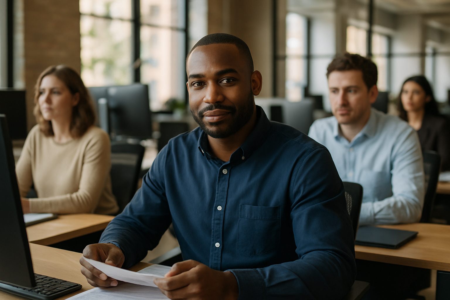 British professionals in a modern office discussing customs broker UK