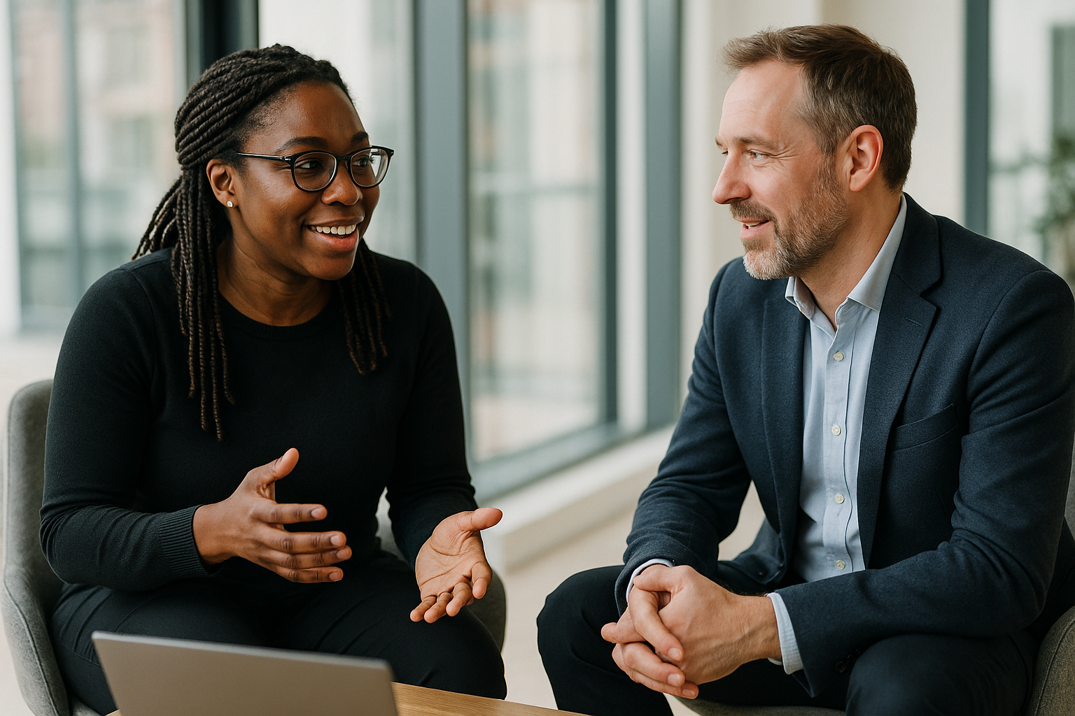 Two UK professionals discussing career next steps for customs broker UK