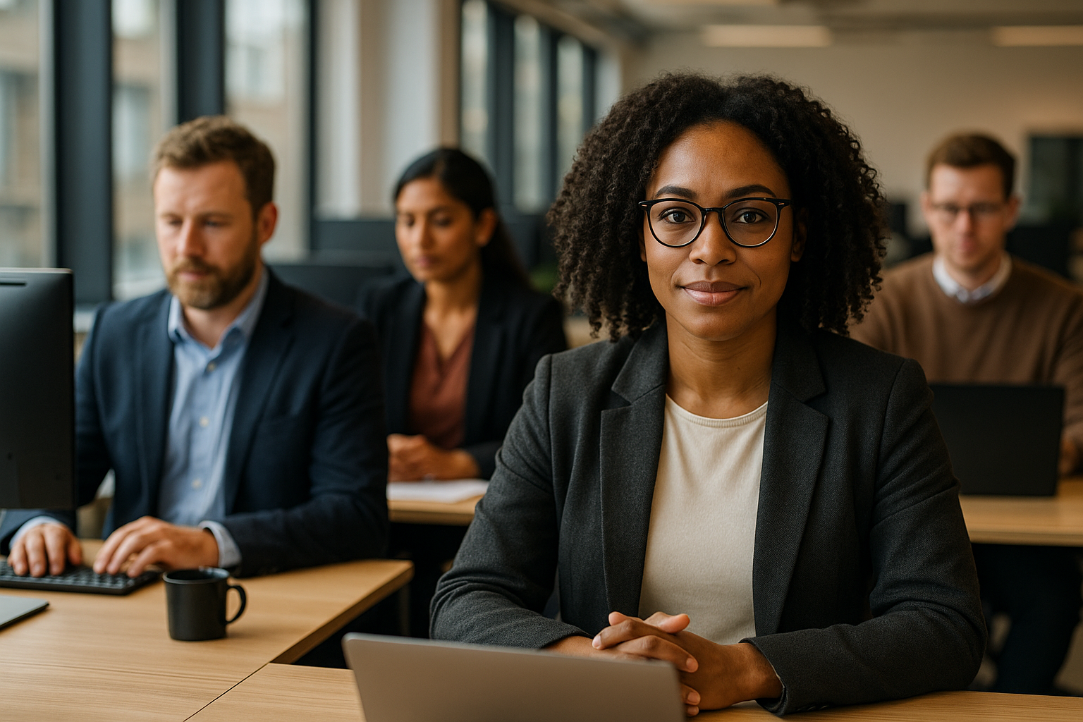 British professionals in a modern office discussing Data protection lawyer UK