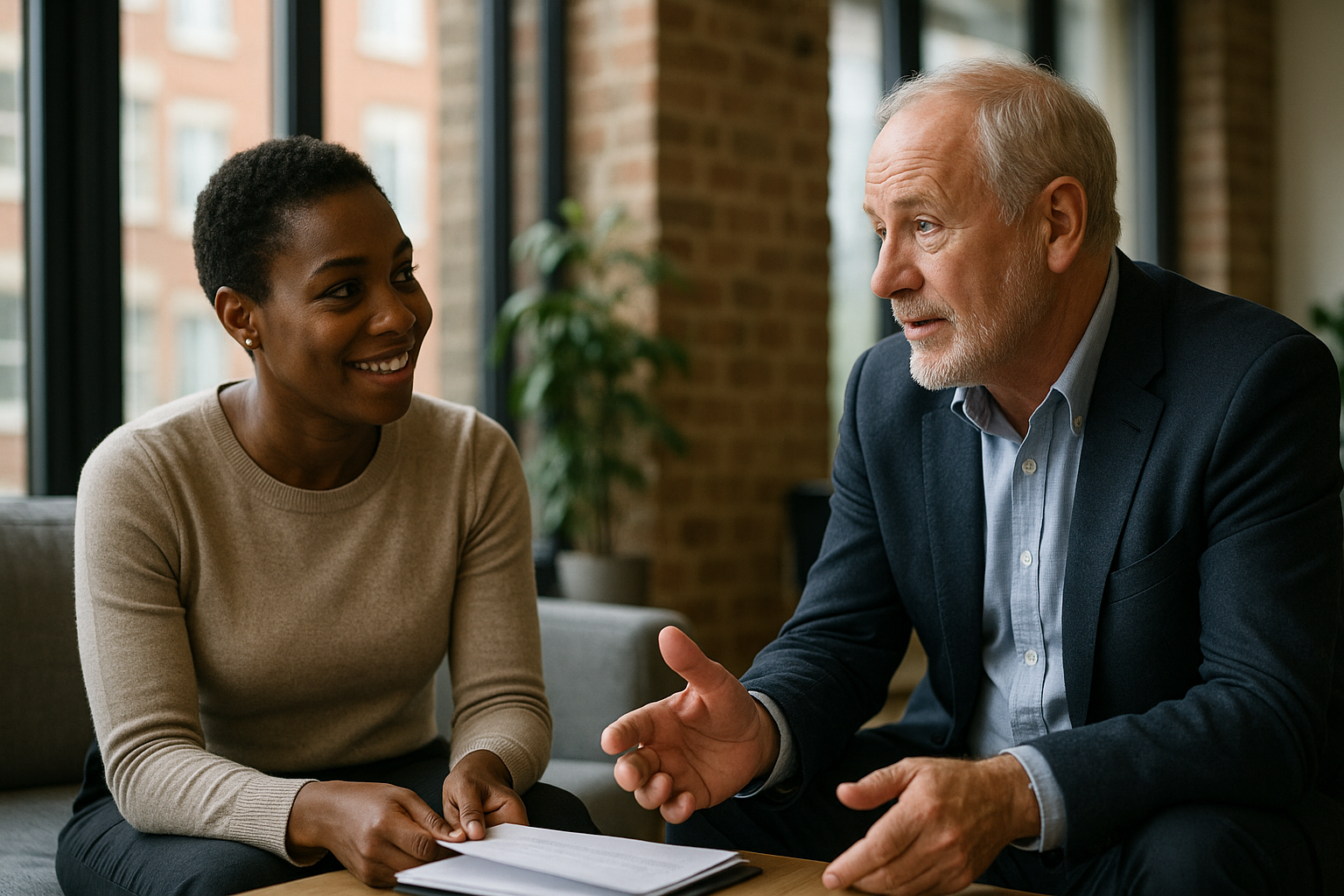 Two UK professionals discussing career next steps for Data protection lawyer UK