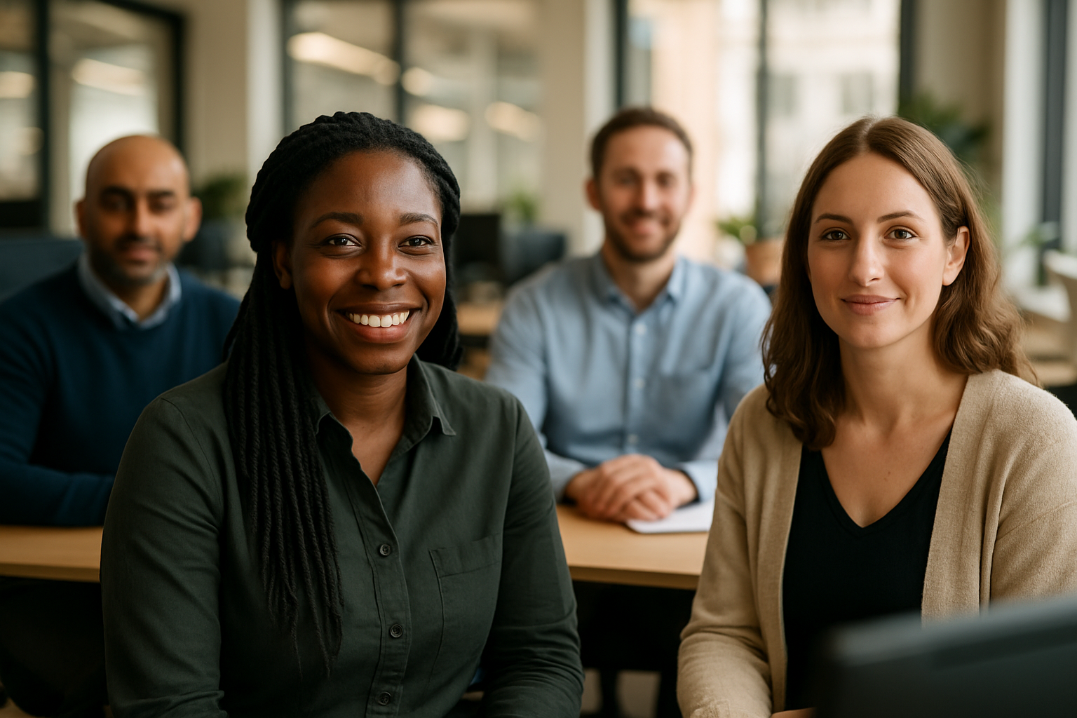 British professionals in a modern office discussing family support worker UK