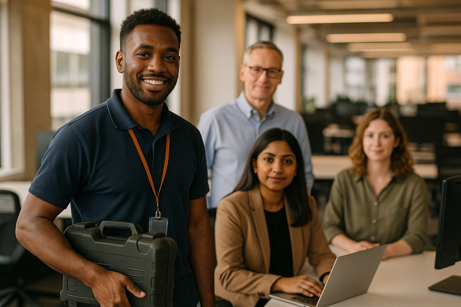 British professionals in a modern office discussing field service engineer UK