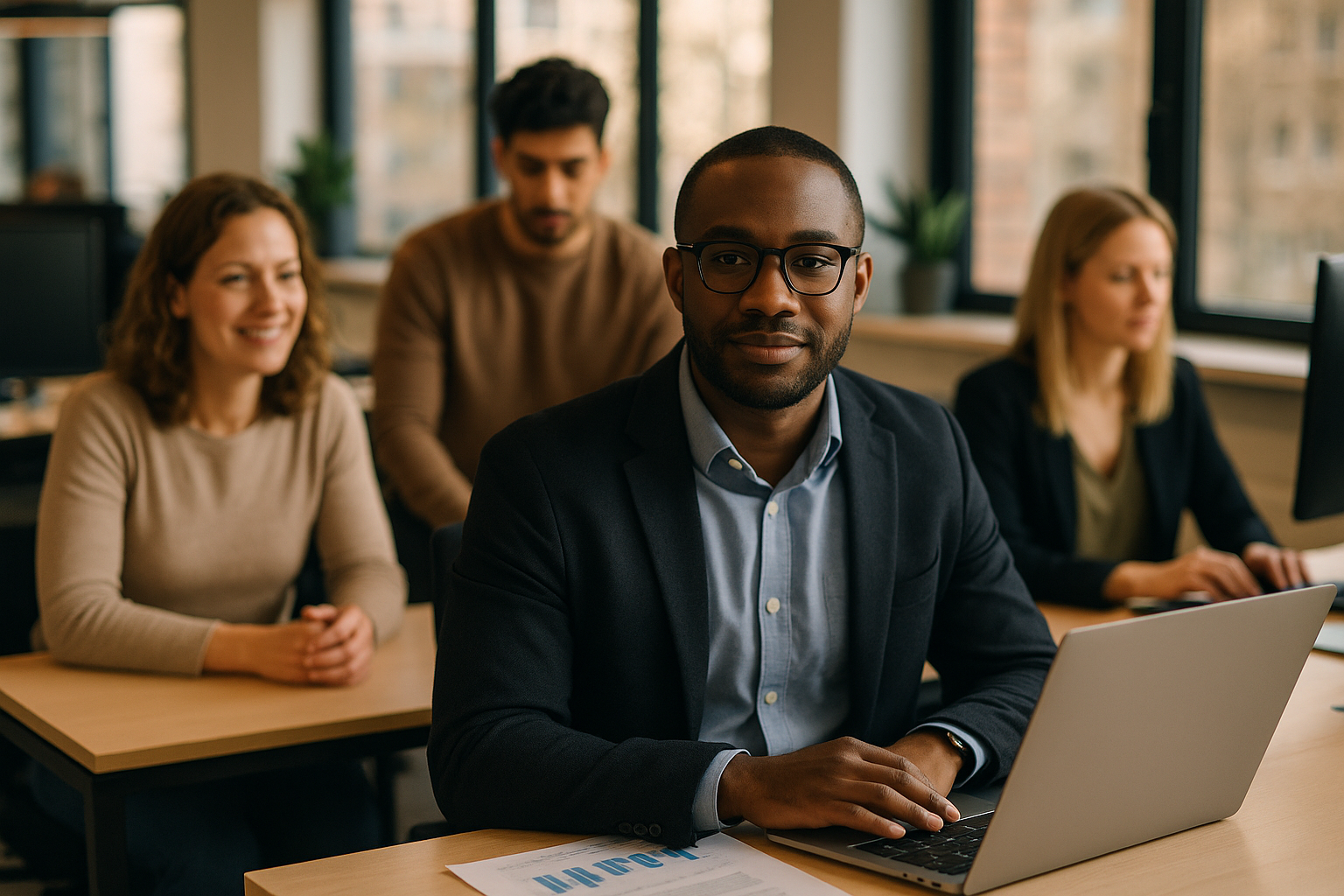 British professionals in a modern office discussing Financial Controller UK