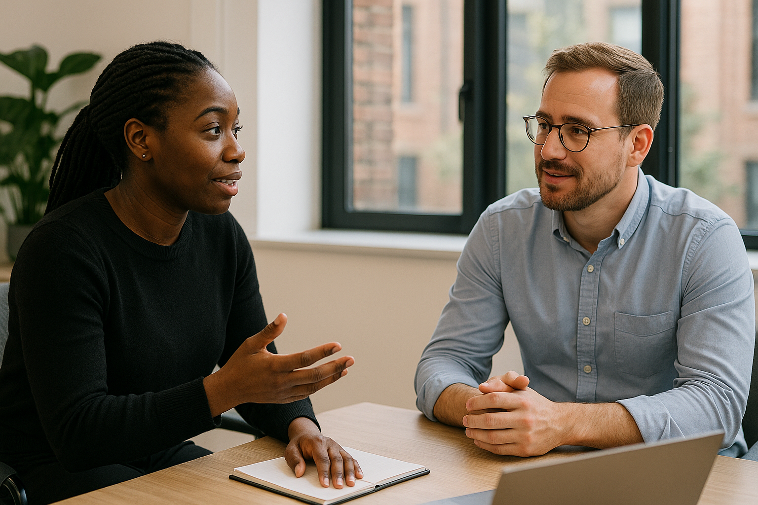 Two UK professionals discussing career next steps for Financial Controller UK