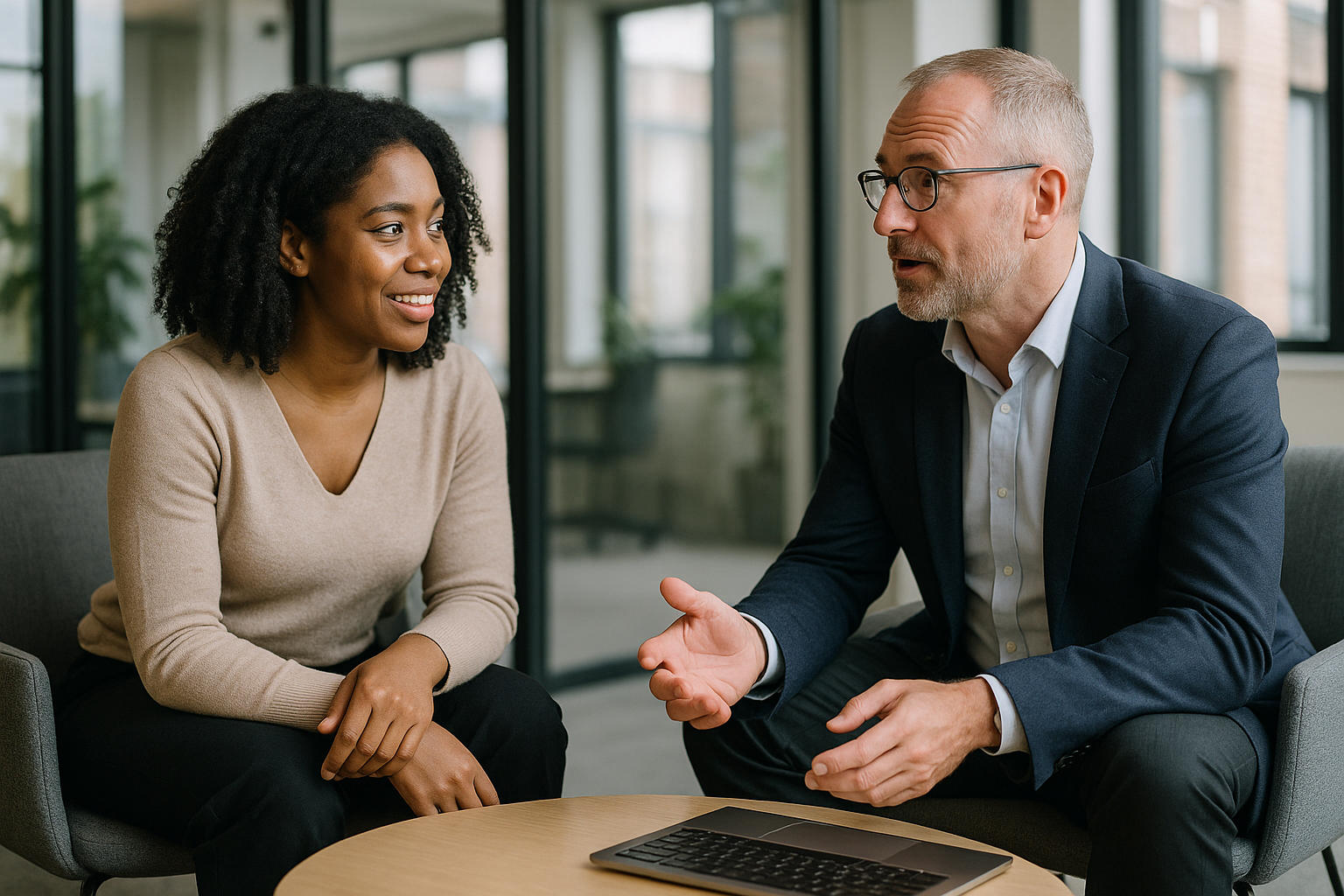 Two UK professionals discussing career next steps for Financial planning analyst UK