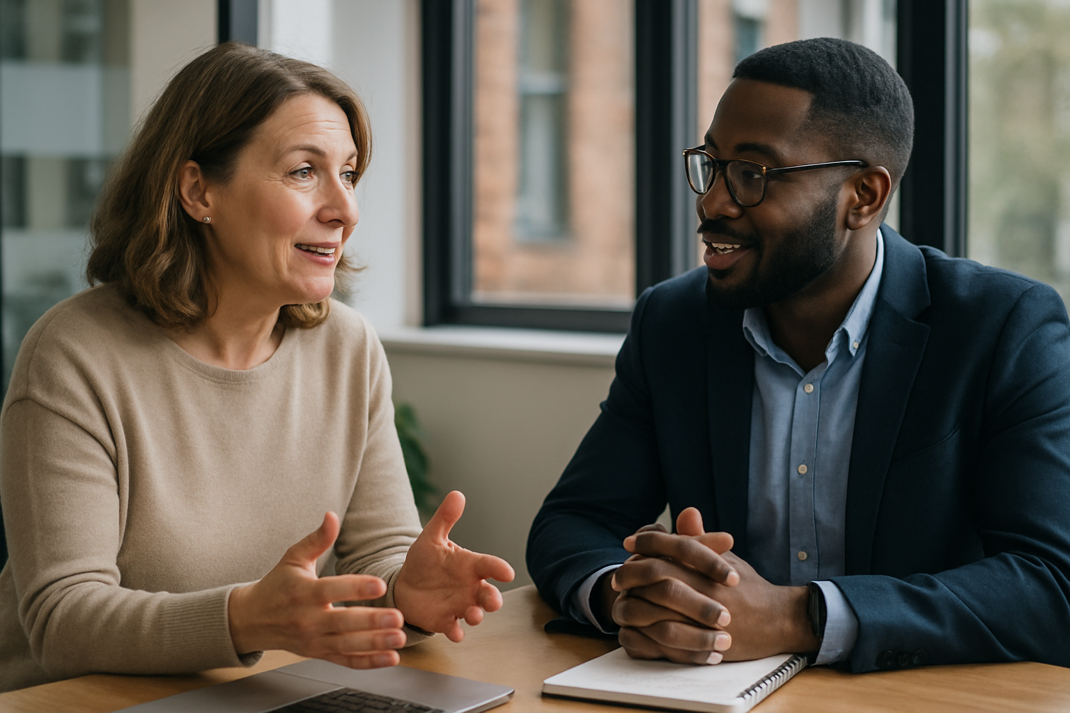 Two UK professionals discussing career next steps for Geneticist UK