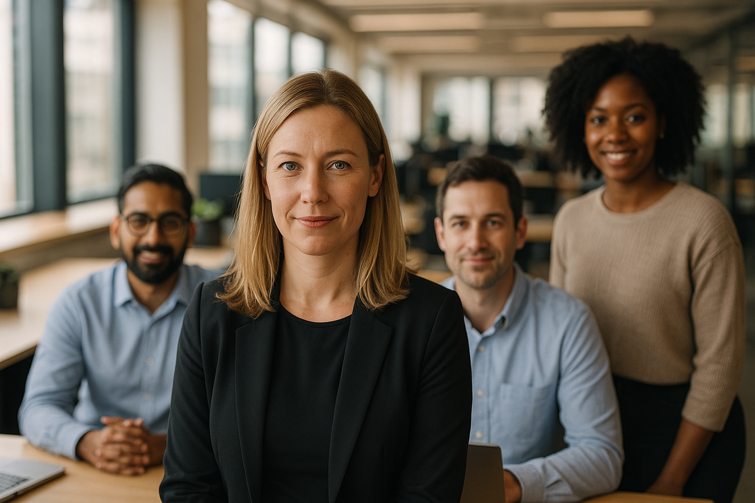 British professionals in a modern office discussing in-house counsel UK
