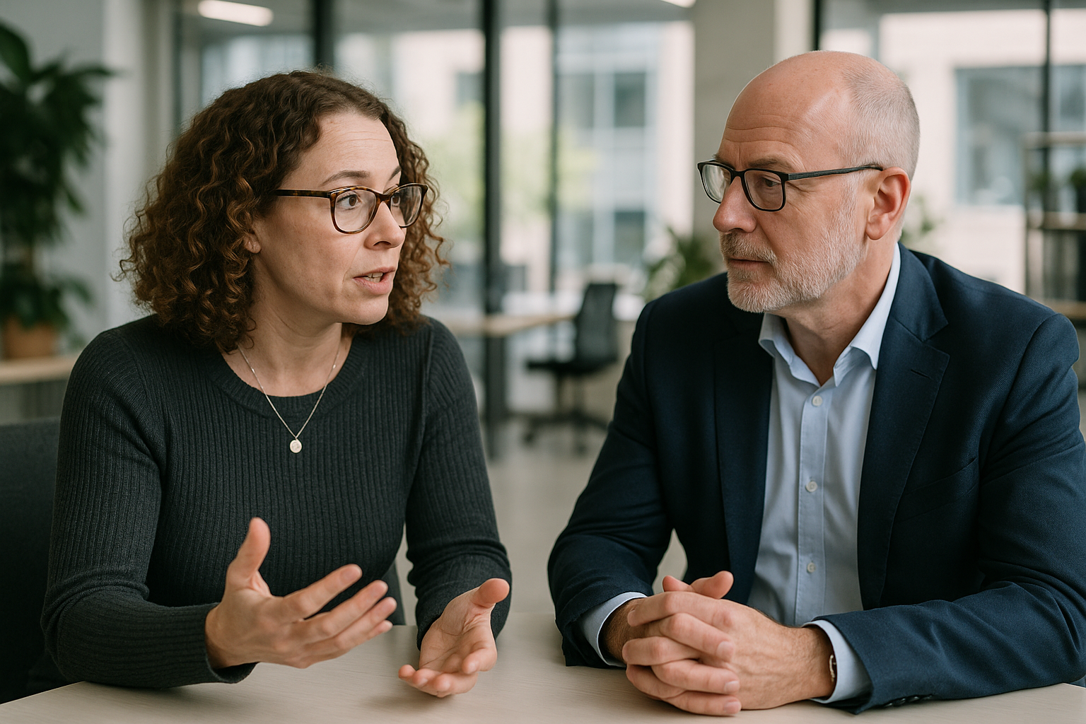 Two UK professionals discussing career next steps for in-house counsel UK