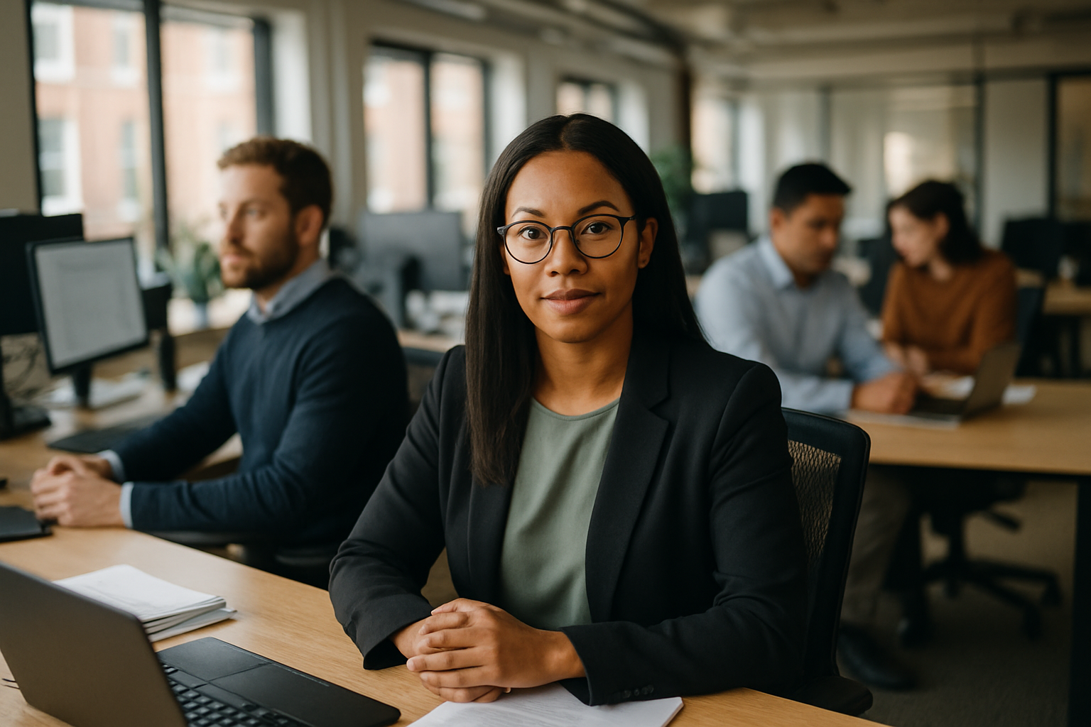 British professionals in a modern office discussing Intellectual property lawyer UK
