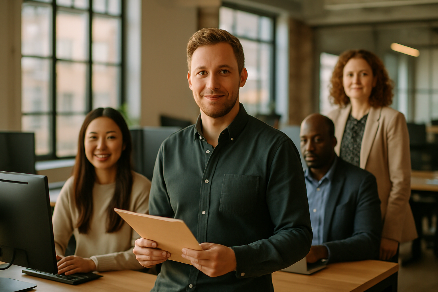 British professionals in a modern office discussing land buyer UK