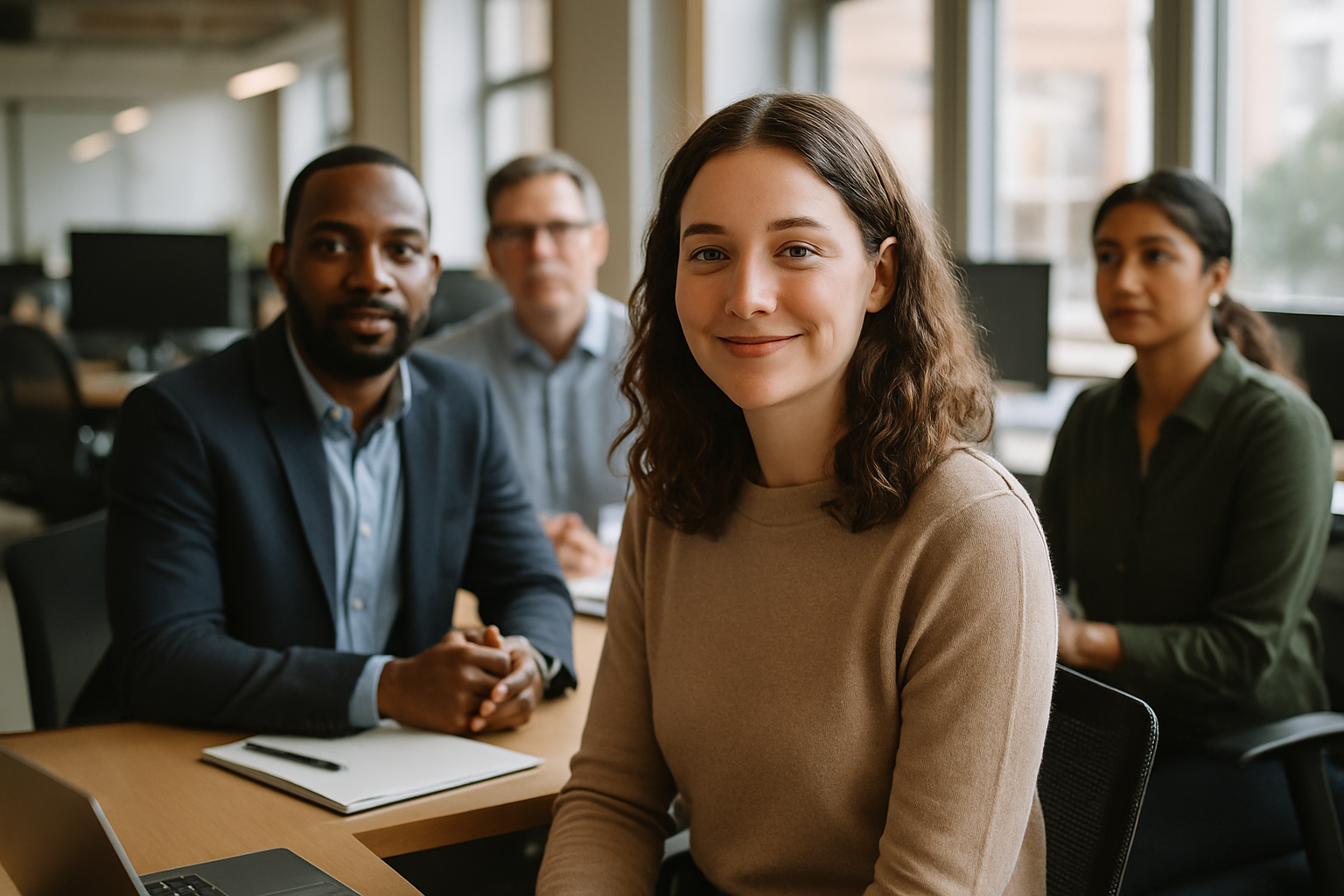 British professionals in a modern office discussing marine biologist UK