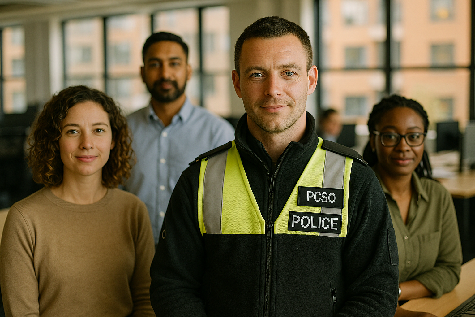 British professionals in a modern office discussing PCSO UK