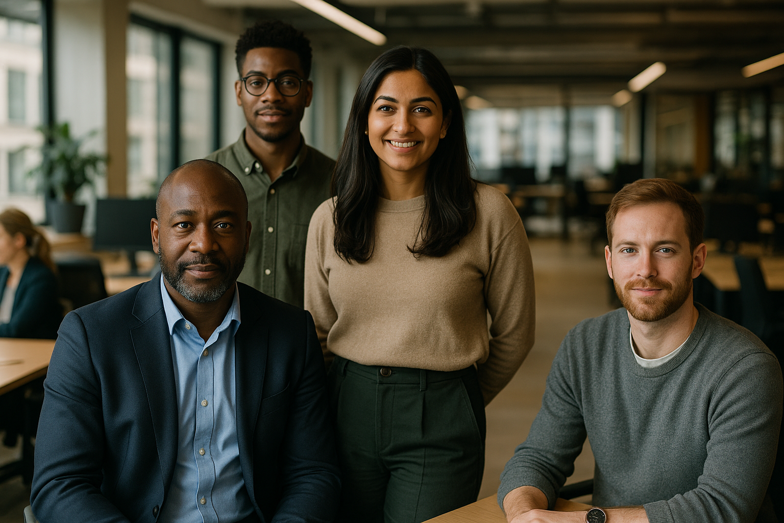 British professionals in a modern office discussing scale up executive UK
